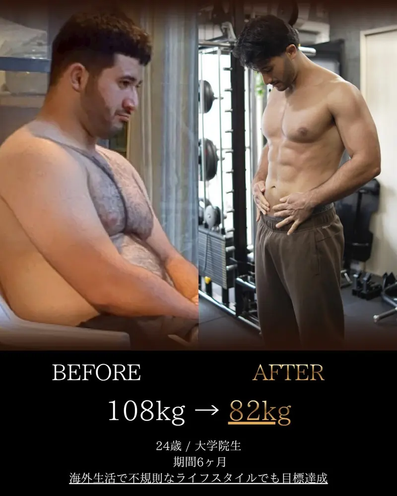 ビフォーアフター。24歳・大学院生。期間6ヶ月で108kgから82kgへ