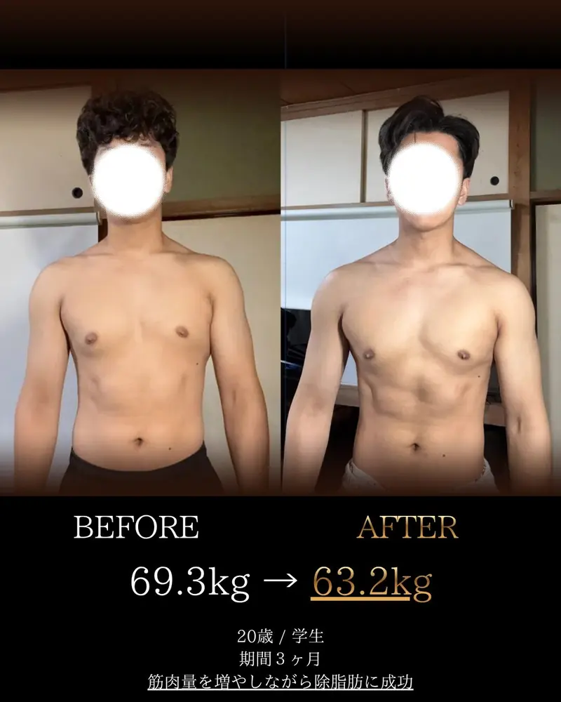 ビフォーアフター。20歳・学生。期間3ヶ月で69.3kgから63.2kgへ