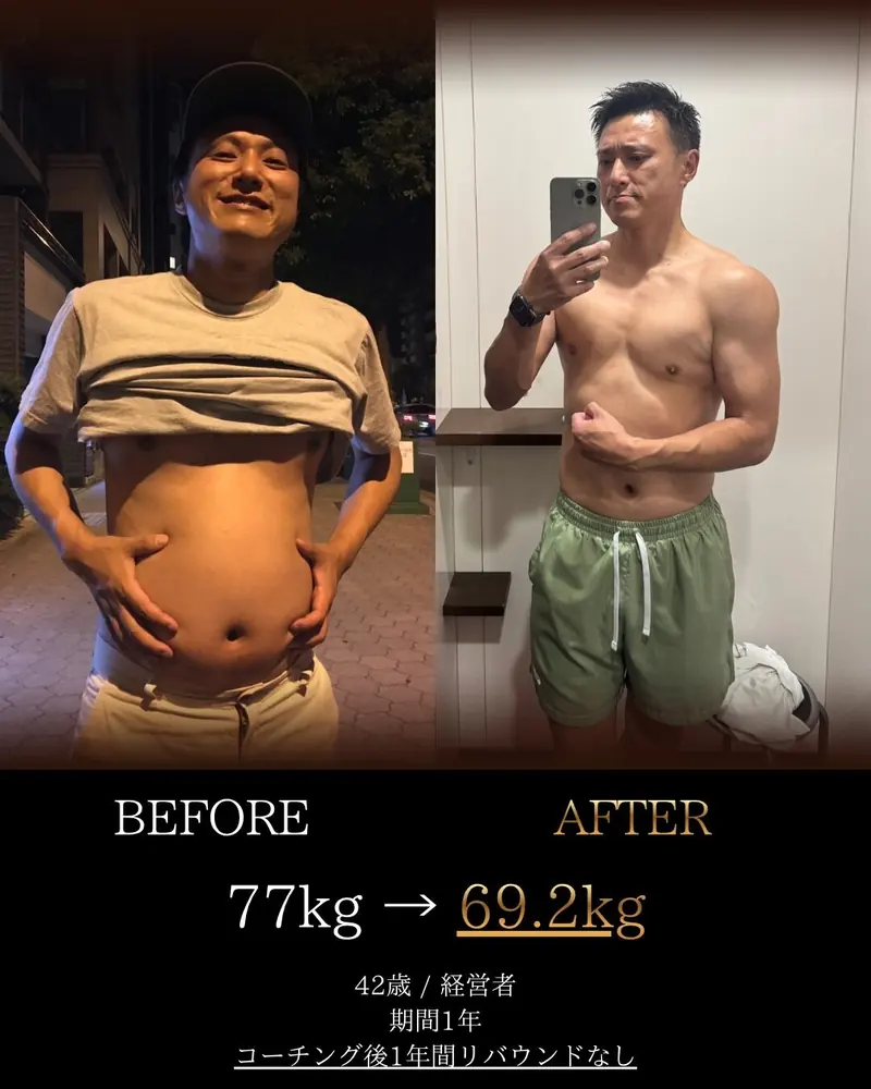 ビフォーアフター。42歳・経営者。期間1年で77kgから69.2kgへ